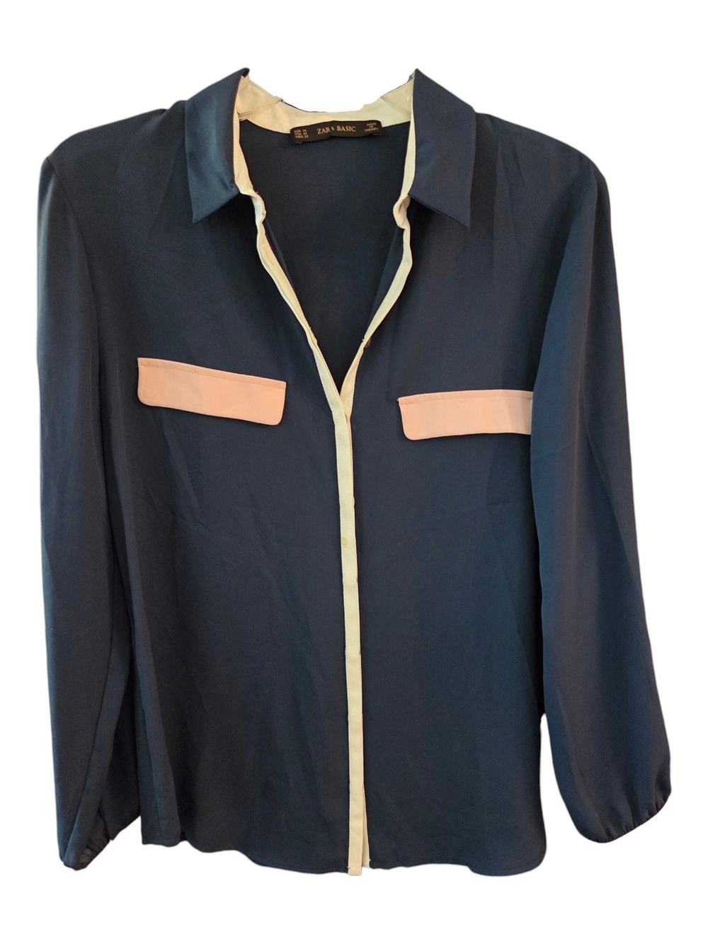 Zara Basic Navy Blue Button-Down Shirt w/ Cream Trim & Pink Pocket Flaps - Sz M
